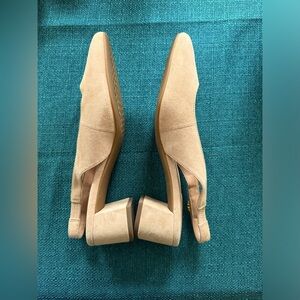 Cole Haan suede neutral colored sling-back shoes.